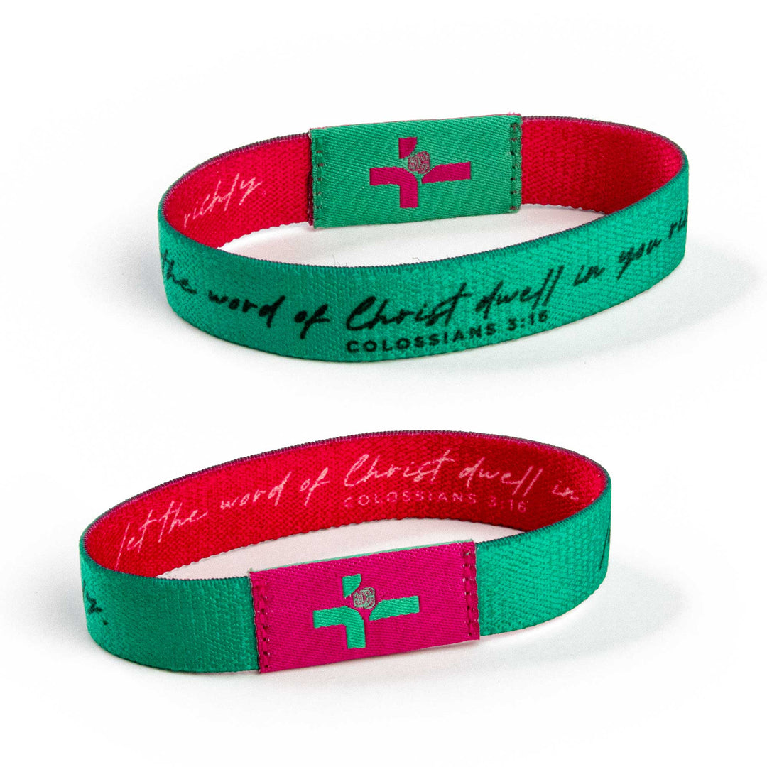 Teal and Pink - Let the word of Christ dwell in you richly. - Colossians 3:16 - Logos Tap Stretch Bracelet