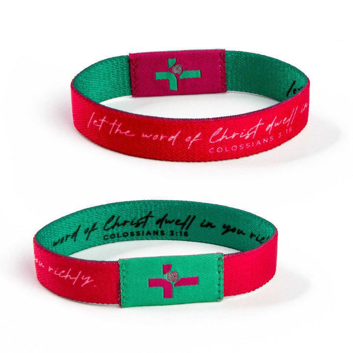 Teal and Pink - Let the word of Christ dwell in you richly. - Colossians 3:16 - Logos Tap Stretch Bracelet