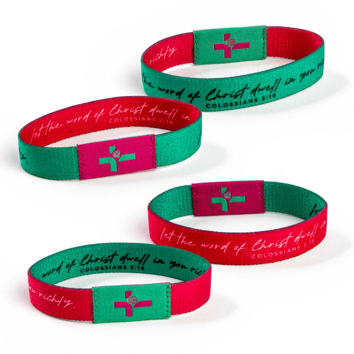 Teal and Pink - Let the word of Christ dwell in you richly. - Colossians 3:16 - Logos Tap Stretch Bracelet