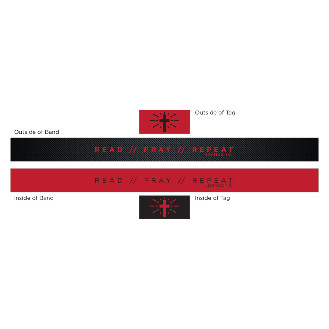 READ // PRAY // REPEAT - Black and Red - Carbon, Joshua 1:8 - Logos Tap Stretch Bracelet