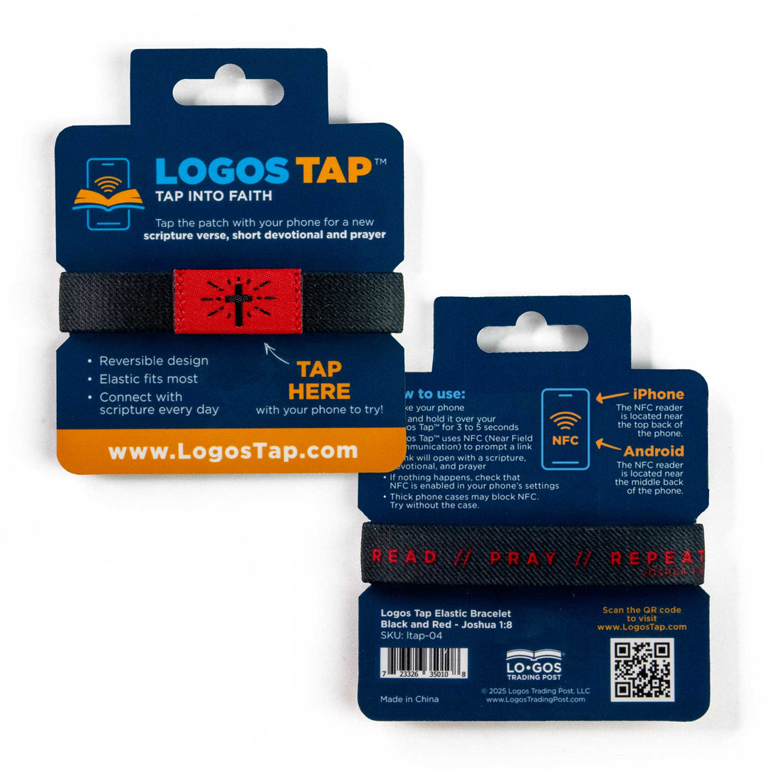 READ // PRAY // REPEAT - Black and Red - Carbon, Joshua 1:8 - Logos Tap Stretch Bracelet