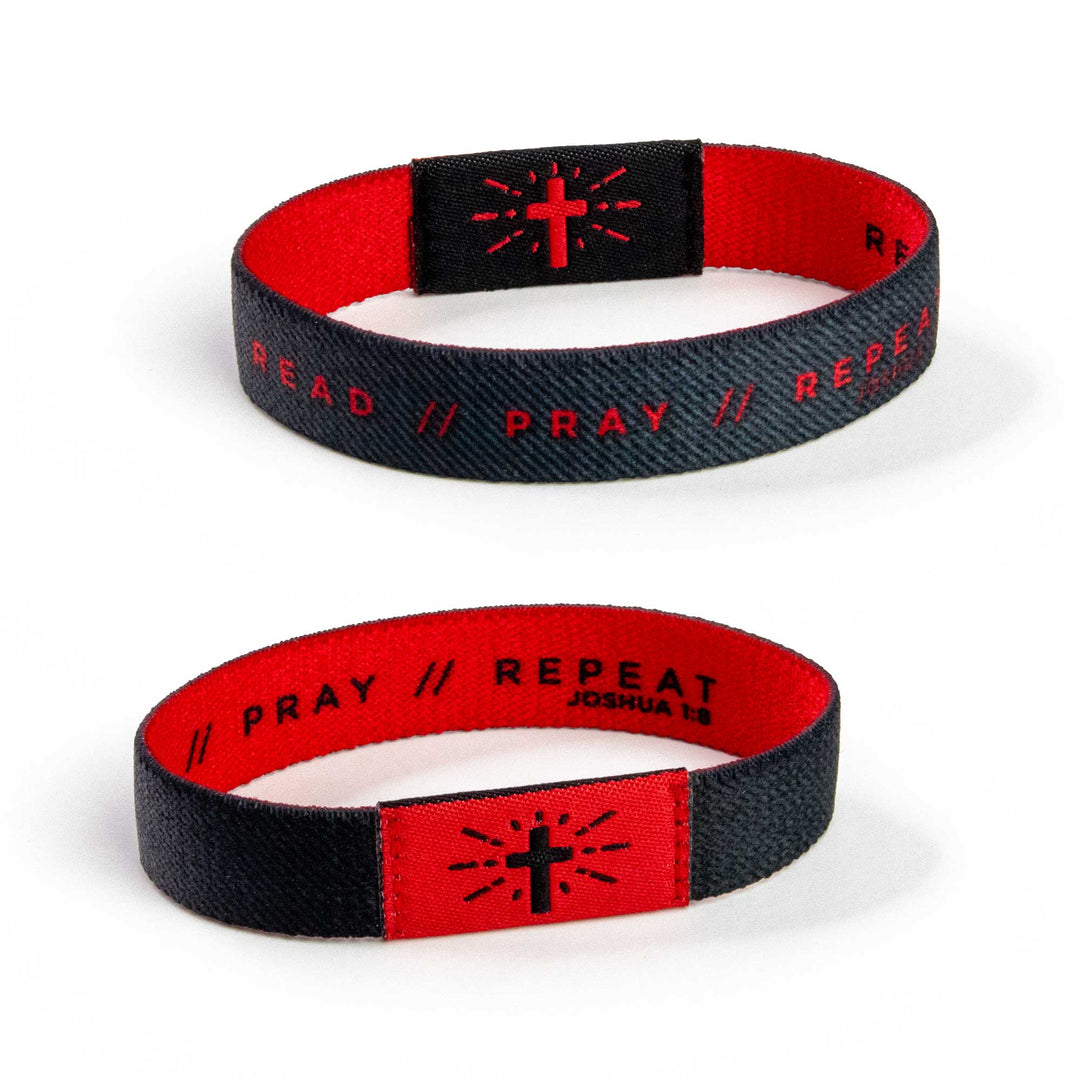 READ // PRAY // REPEAT - Black and Red - Carbon, Joshua 1:8 - Logos Tap Stretch Bracelet