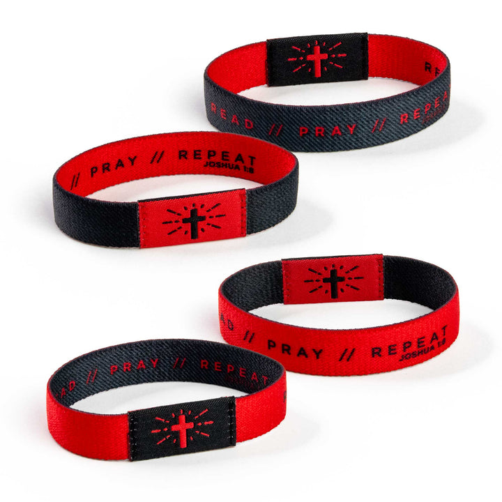READ // PRAY // REPEAT - Black and Red - Carbon, Joshua 1:8 - Logos Tap Stretch Bracelet