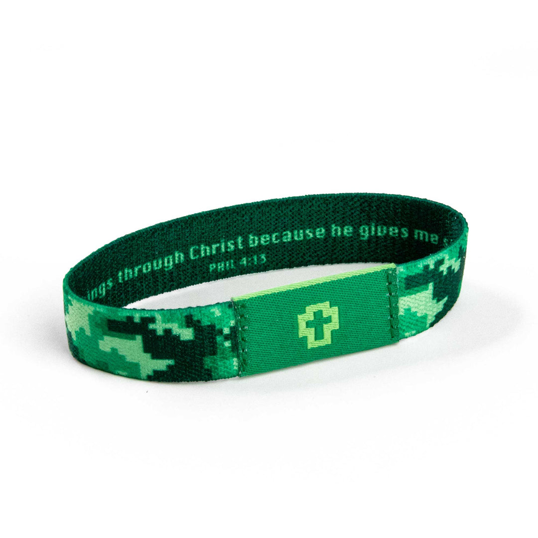 I can do all things through Christ because he gives me strength. - Phil 4:13 - Lt Green and Dk Green - Crosses, Phil 4:13 - Logos Tap Stretch Bracelet