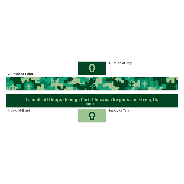 I can do all things through Christ because he gives me strength. - Phil 4:13 - Lt Green and Dk Green - Crosses, Phil 4:13 - Logos Tap Stretch Bracelet
