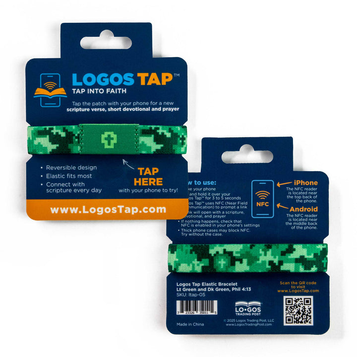 I can do all things through Christ because he gives me strength. - Phil 4:13 - Lt Green and Dk Green - Crosses, Phil 4:13 - Logos Tap Stretch Bracelet