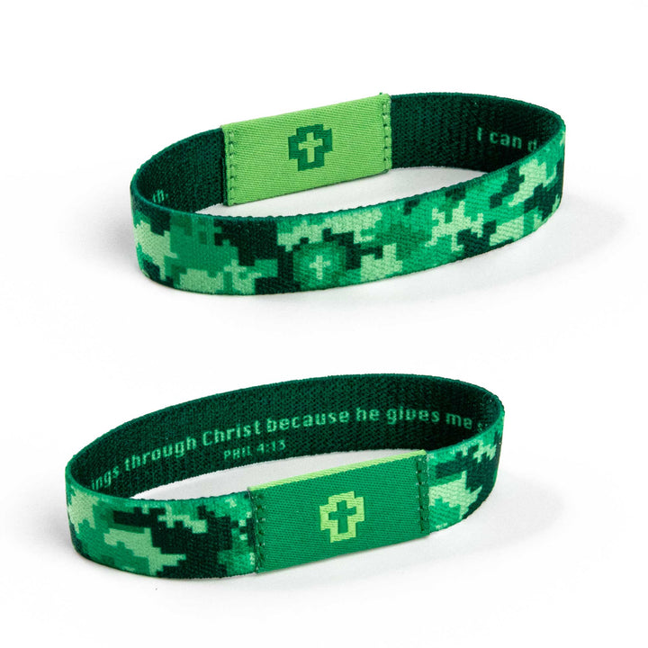 I can do all things through Christ because he gives me strength. - Phil 4:13 - Lt Green and Dk Green - Crosses, Phil 4:13 - Logos Tap Stretch Bracelet
