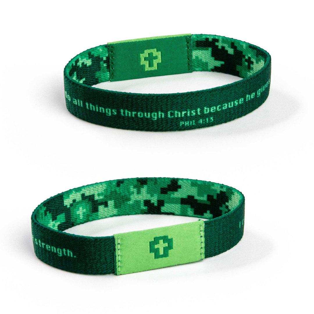 I can do all things through Christ because he gives me strength. - Phil 4:13 - Lt Green and Dk Green - Crosses, Phil 4:13 - Logos Tap Stretch Bracelet
