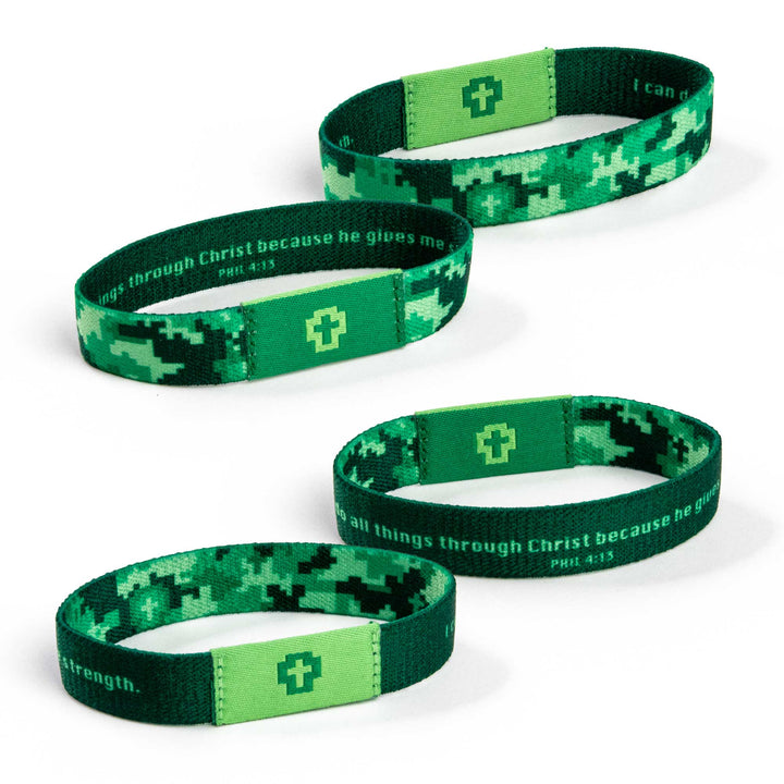 I can do all things through Christ because he gives me strength. - Phil 4:13 - Lt Green and Dk Green - Crosses, Phil 4:13 - Logos Tap Stretch Bracelet