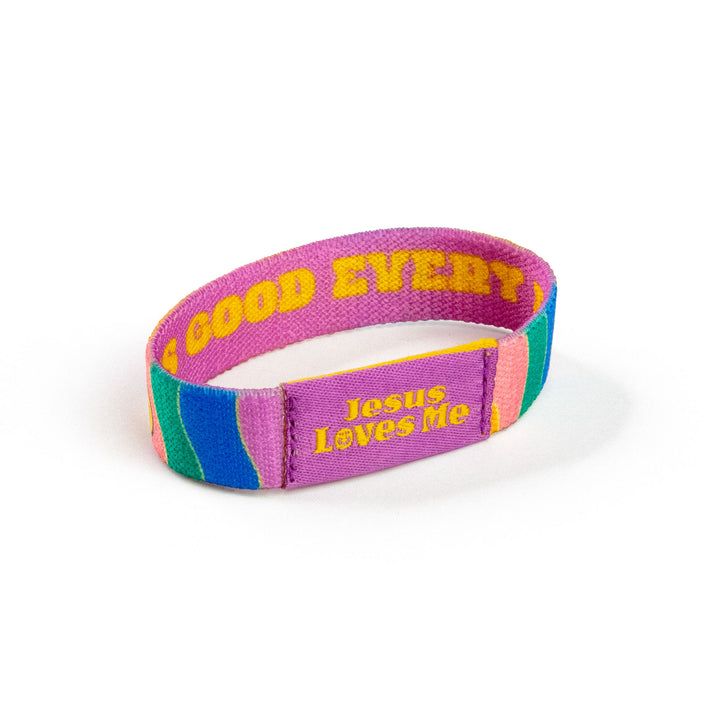 Jesus Loves Me - Purple and Yellow - Happy, Ps 100:5 - Logos Tap Stretch Bracelet - Small