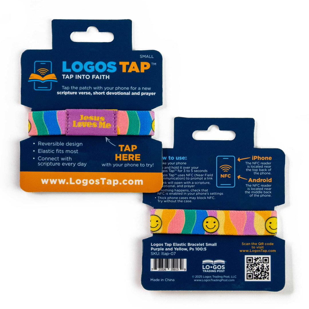 Jesus Loves Me - Purple and Yellow - Happy, Ps 100:5 - Logos Tap Stretch Bracelet - Small