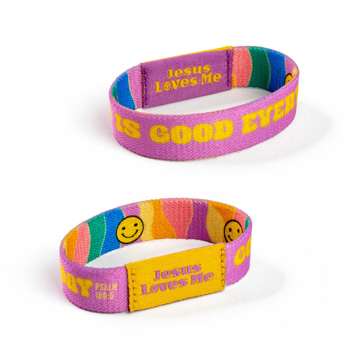 Jesus Loves Me - Purple and Yellow - Happy, Ps 100:5 - Logos Tap Stretch Bracelet - Small