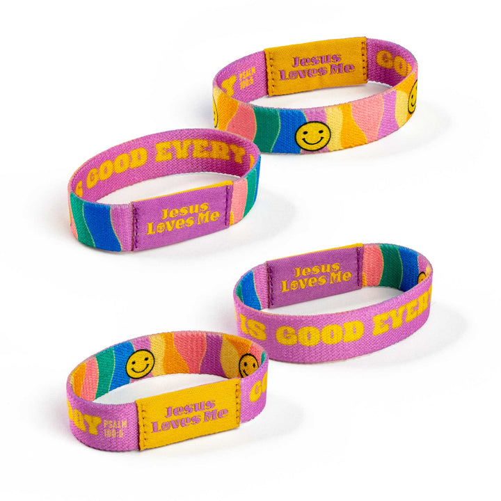 Jesus Loves Me - Purple and Yellow - Happy, Ps 100:5 - Logos Tap Stretch Bracelet - Small