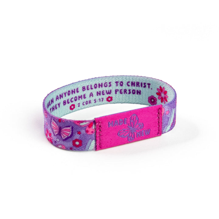 MADE NEW - Purple and Lt Blue - Butterfly, 2 Cor 5:17 - Logos Tap Stretch Bracelet - Small