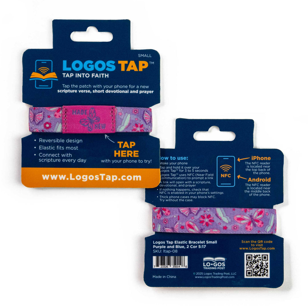 MADE NEW - Purple and Lt Blue - Butterfly, 2 Cor 5:17 - Logos Tap Stretch Bracelet - Small