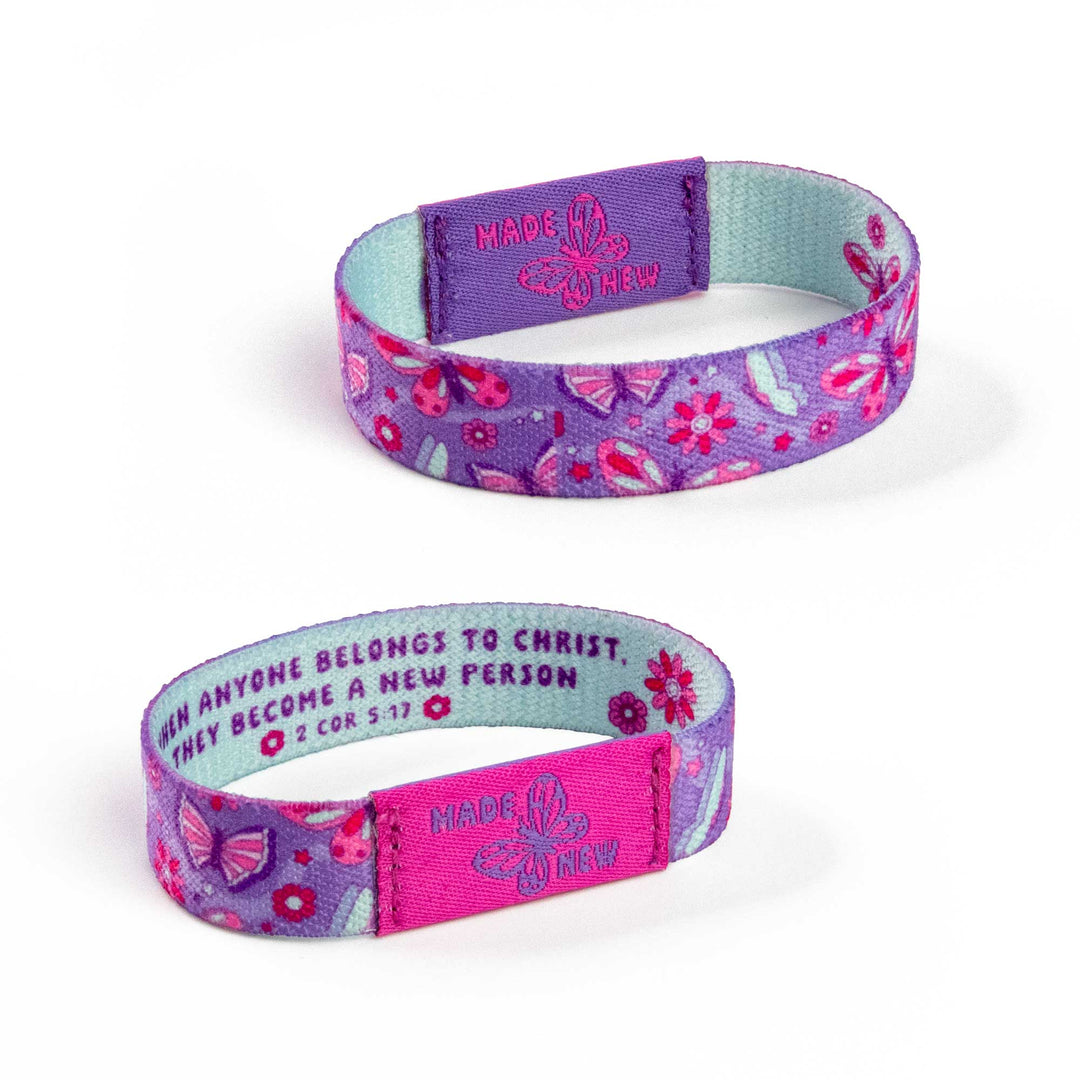 MADE NEW - Purple and Lt Blue - Butterfly, 2 Cor 5:17 - Logos Tap Stretch Bracelet - Small