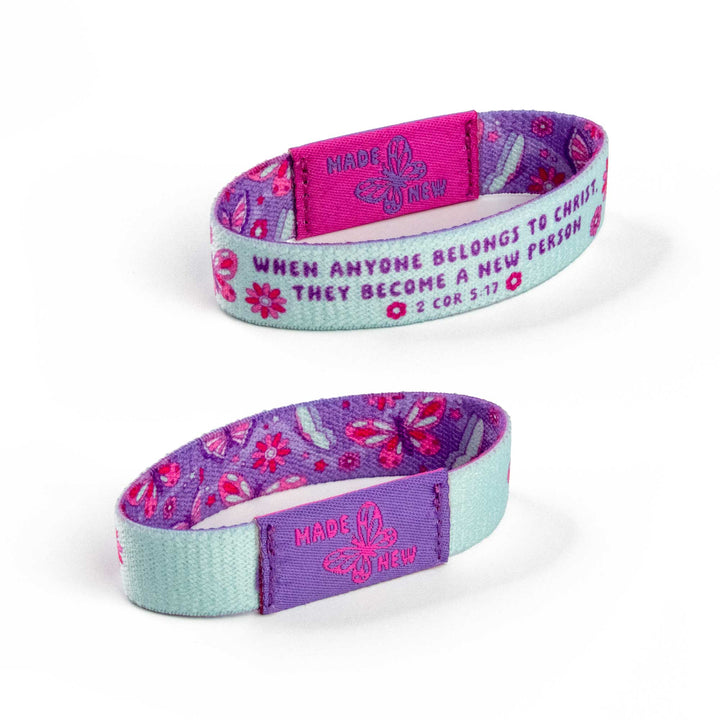 MADE NEW - Purple and Lt Blue - Butterfly, 2 Cor 5:17 - Logos Tap Stretch Bracelet - Small