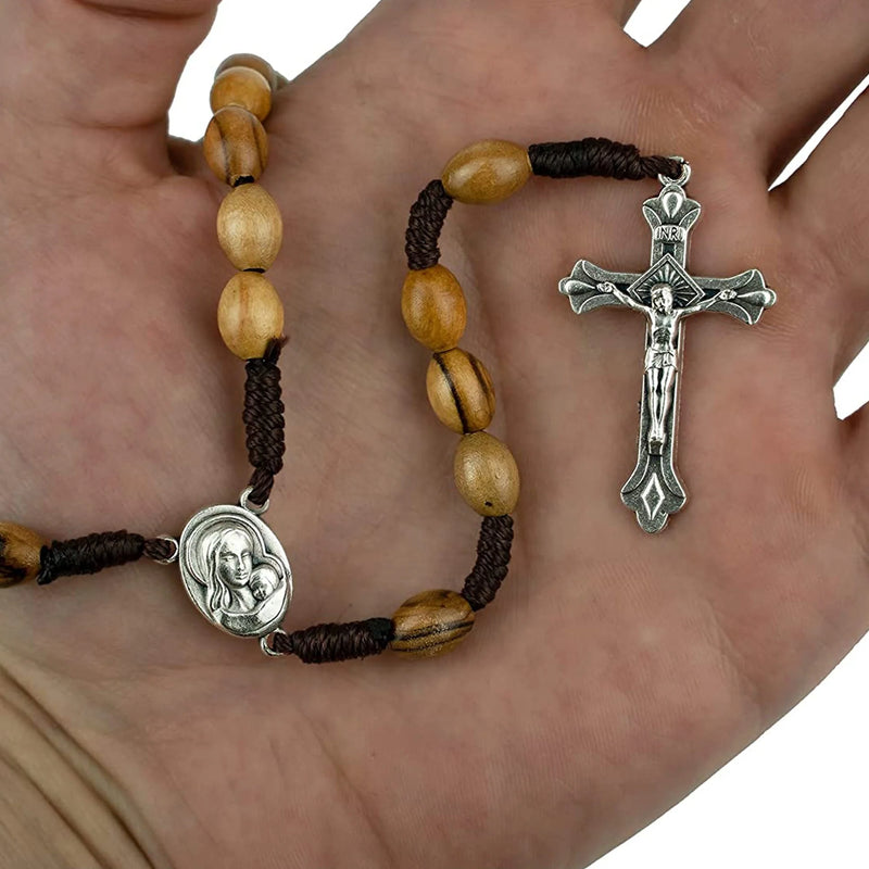 Olive Wood Rope Rosary Virgin Mary and Baby Jesus