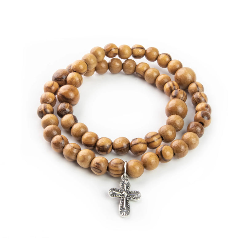 Twist Stretch Bracelet with Olive Wood Beads and Cross Dangle in Velvet Box