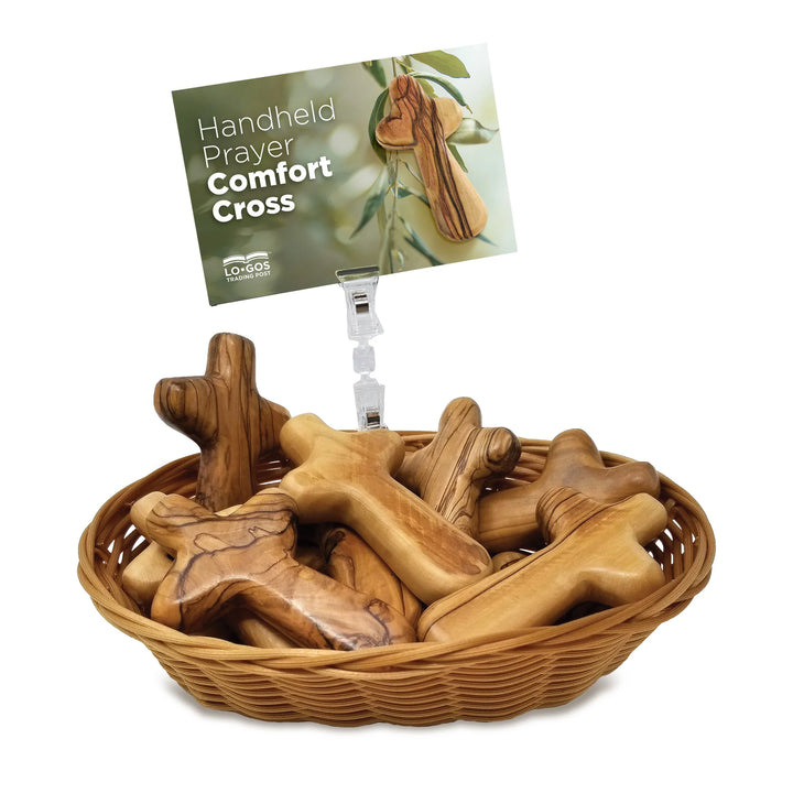 Large Certified Holy Land Olive Wood Handheld Comfort Cross Basket