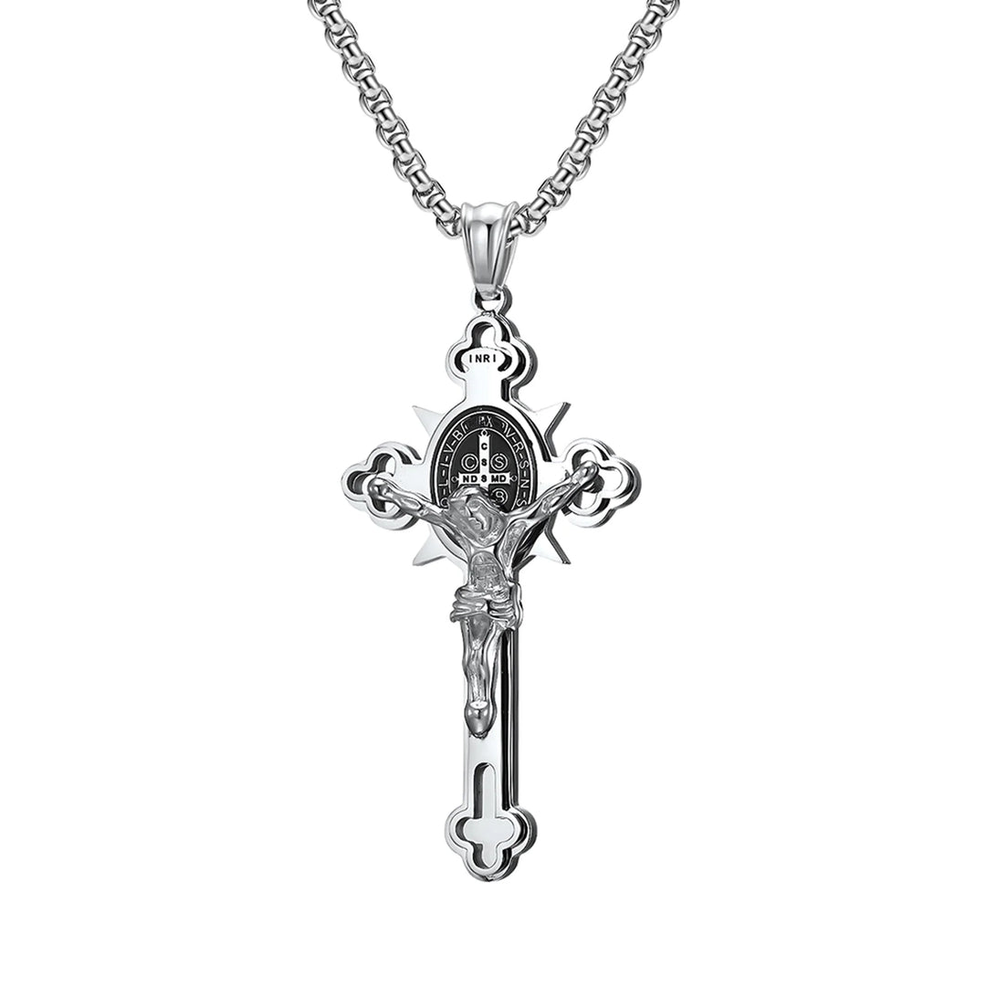 St Benedict Crucifix with 24 in Stainless Steel Chain – Silver Color