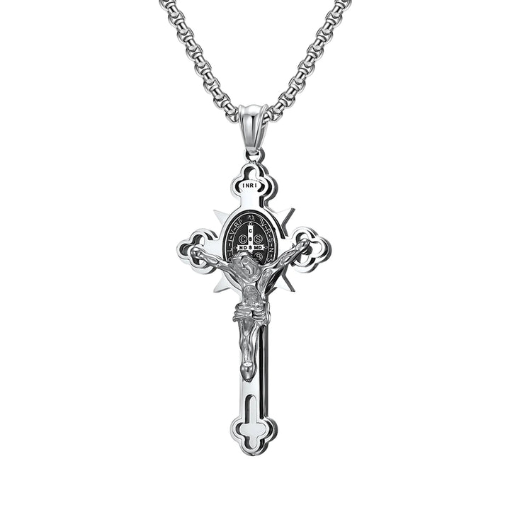 St Benedict Crucifix with 24 in Stainless Steel Chain – Silver Color