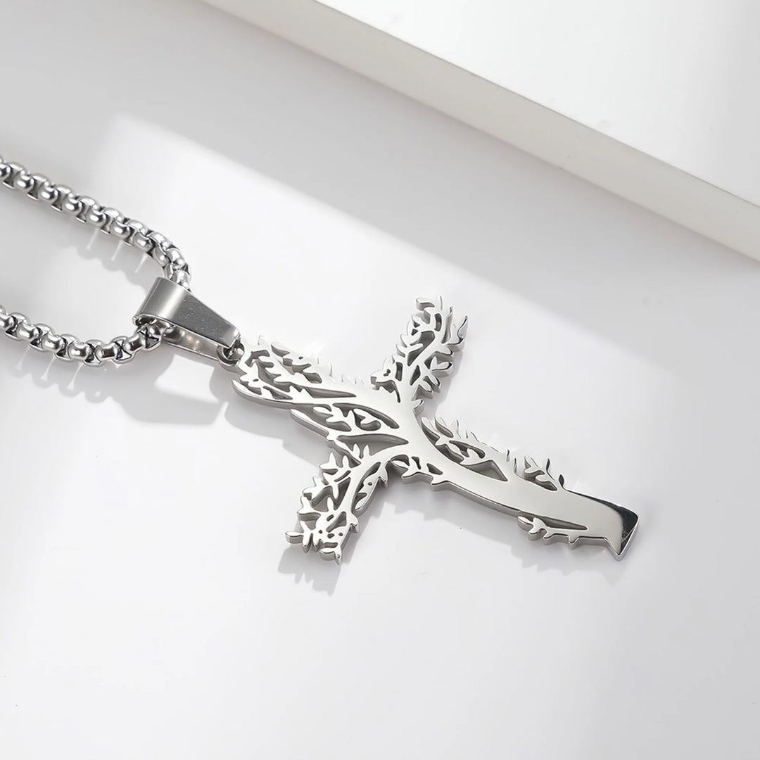 Tree Cross with 24 in Stainless Steel Chain – Silver Color