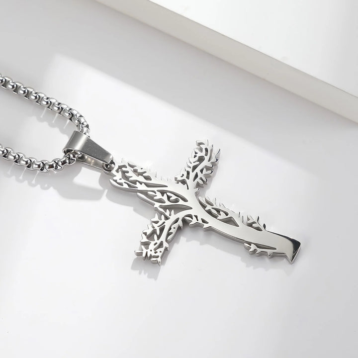 Tree Cross with 24 in Stainless Steel Chain – Silver Color