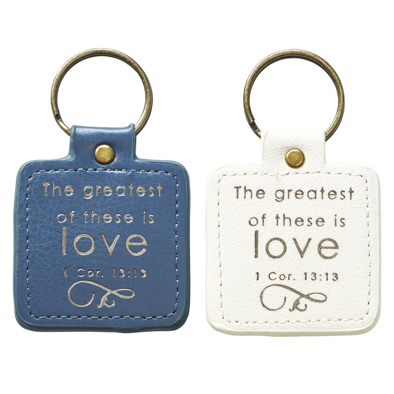 Blue/White Faux Leather Scripture Keychain Set | Mr./Mrs. Greatest of These is Love 1 Corinthians 13:13 Bible Verse