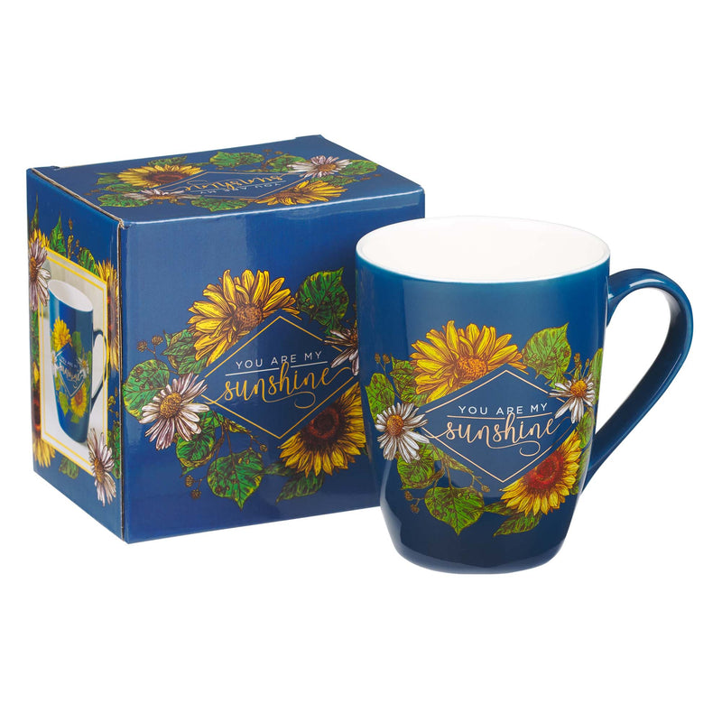 With Love Inspirational Coffee Mug for Women, You are My Sunshine Navy Blue/Sunflowers Gold Lettering Motivational Coffee/Tea Cup for Her Birthday, Mother&